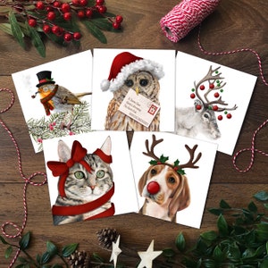 Pacote de 5 cartões de Natal | Cartão de enfeites de Natal | Cartão de Papai Noel | Cartão de Natal de rena | Cartão de Natal de Robin | Cartão de gato malhado | Cartão de cachorro beagle
