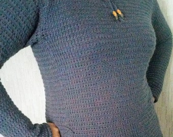 Blue Chunky Knit Pullover Sweater: Extra Long Sleeves, Size M-L
