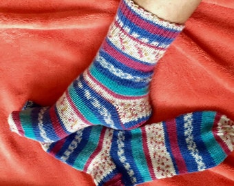 Wool warm hand knitted socks Unisex treking socks Blue red  soft hand knit leg warmers Women knit socks Slipper socks