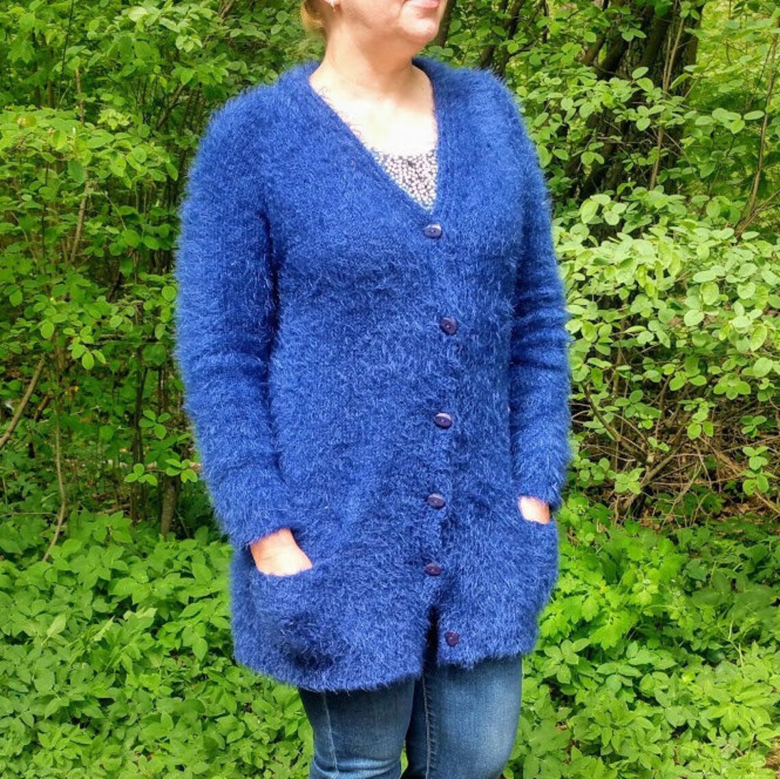 Chunky Knit Royal Blue Cardigan With Button and Pocket Loose Etsy