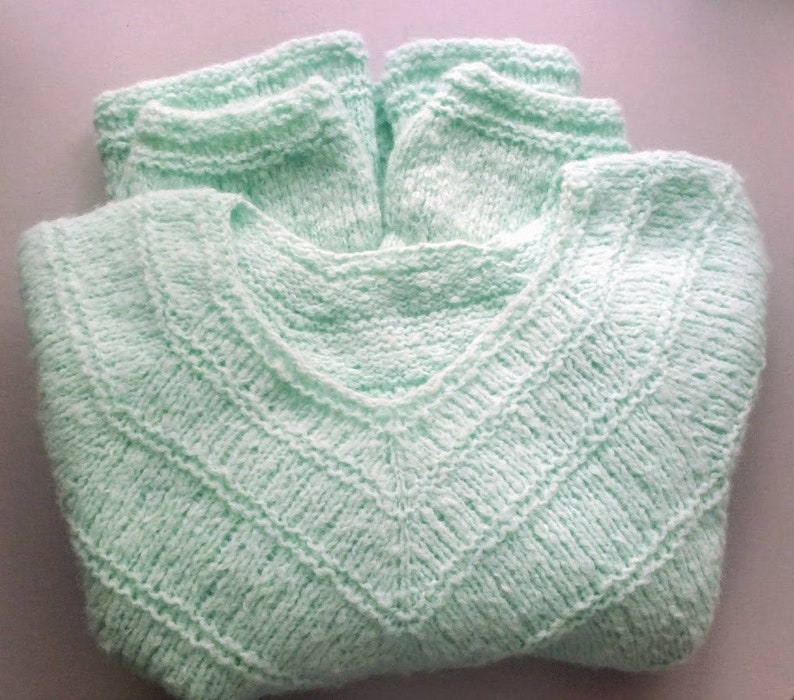 Hand knitted spring mohair sweater Mint green chunky women jumper Size M Cable knit oversize wool pullover Loose knit sweater image 4