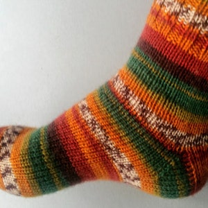 Wool warm hand knitted socks Unisex treking socks Orange green soft hand knit leg warmers Men knit socks