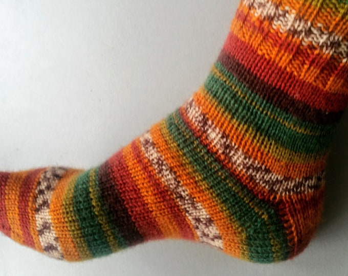 Wool warm hand knitted socks Unisex treking socks Orange green soft hand knit leg warmers Men knit socks