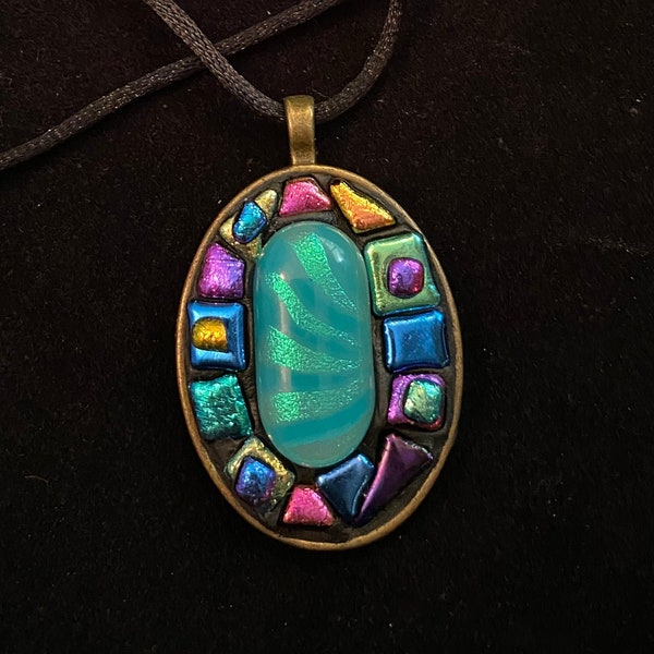 Oval Dichroic Mosaic Pendant with Black Cord