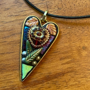 Mosaic Heart and Garden Leaf Pendant Necklace