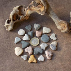 May include: A collection of small, heart-shaped stones in various shades of gray, white, tan, and pink, arranged in a circular pattern around a single gold-colored coin. A piece of light-colored driftwood is positioned above the stones.