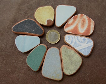 9 pcs genuine Spanish beach pottery; sea tumbled ceramic tile shards for jewelry making; colorful ceramic pendants; 1,4"-2"