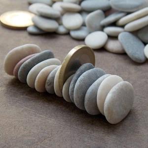 May include: A horizontal row of smooth, rounded river stones in shades of white, gray, and tan, arranged upright and interspersed with a single gold-colored coin standing vertically among them, with a pile of loose stones in the background.