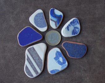 7 Cobalt blue surf tumbled ceramic tile shards. Authentic sea pottery for jewelry making. Beach pottery pendants