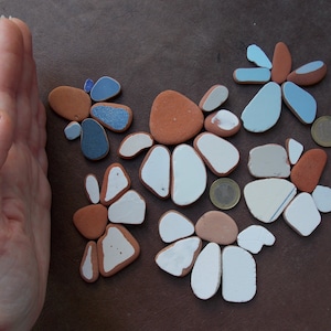 Può includere: Una collezione di piccole piastrelle di ceramica colorate disposte a forma di fiori. Le piastrelle sono in tonalità di blu, bianco e marrone.