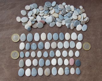 May include: A collection of small, smooth, oval-shaped river stones in shades of white, gray, and tan. The stones are arranged in a large pile at the top and organized into five neat rows below, flanked by three gold-colored one-euro coins.