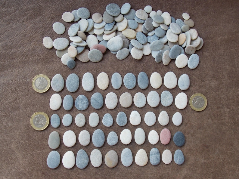 May include: A collection of small, smooth, oval-shaped river stones in shades of gray, white, and tan. The stones are arranged in a large pile at the top and organized into five neat rows below, accompanied by three 1-euro coins for scale.