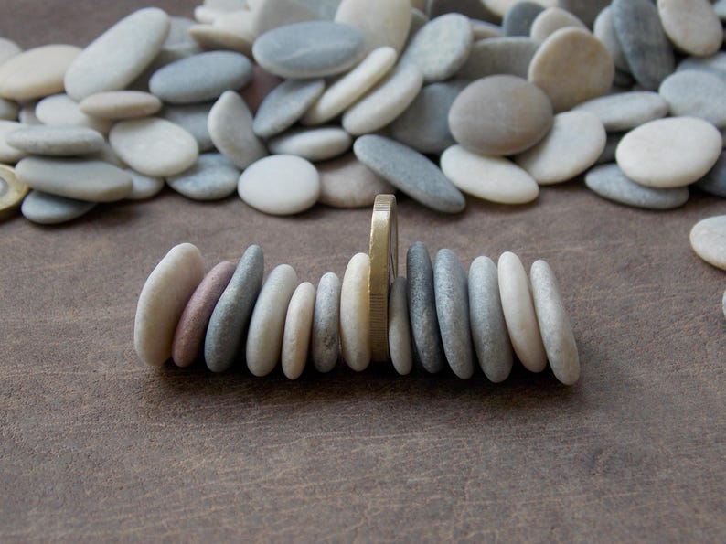 May include: A horizontal row of smooth, rounded river stones in shades of white, gray, and tan, arranged on their edges. A single gold-colored coin is inserted vertically between the stones near the center of the line.