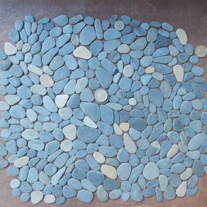 Peut inclure: Une mosaïque rectangulaire de galets de rivière lisses, bleu-gris. Les pierres varient en taille et en forme, avec quelques pierres plus claires, blanc cassé, parsemées. Une pièce de monnaie est posée sur la surface, servant de référence de taille.