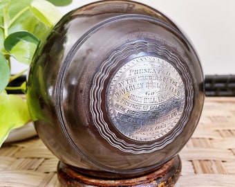 1883 English Sterling & Wood Trophy Lawn Bowling Ball on Stand
