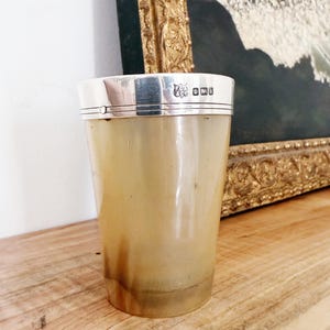 May include: A vintage drinking cup with a silver rim. The cup is made of a translucent, light brown material, possibly horn or a similar substance. The silver rim has hallmarks. The cup is displayed on a wooden surface.