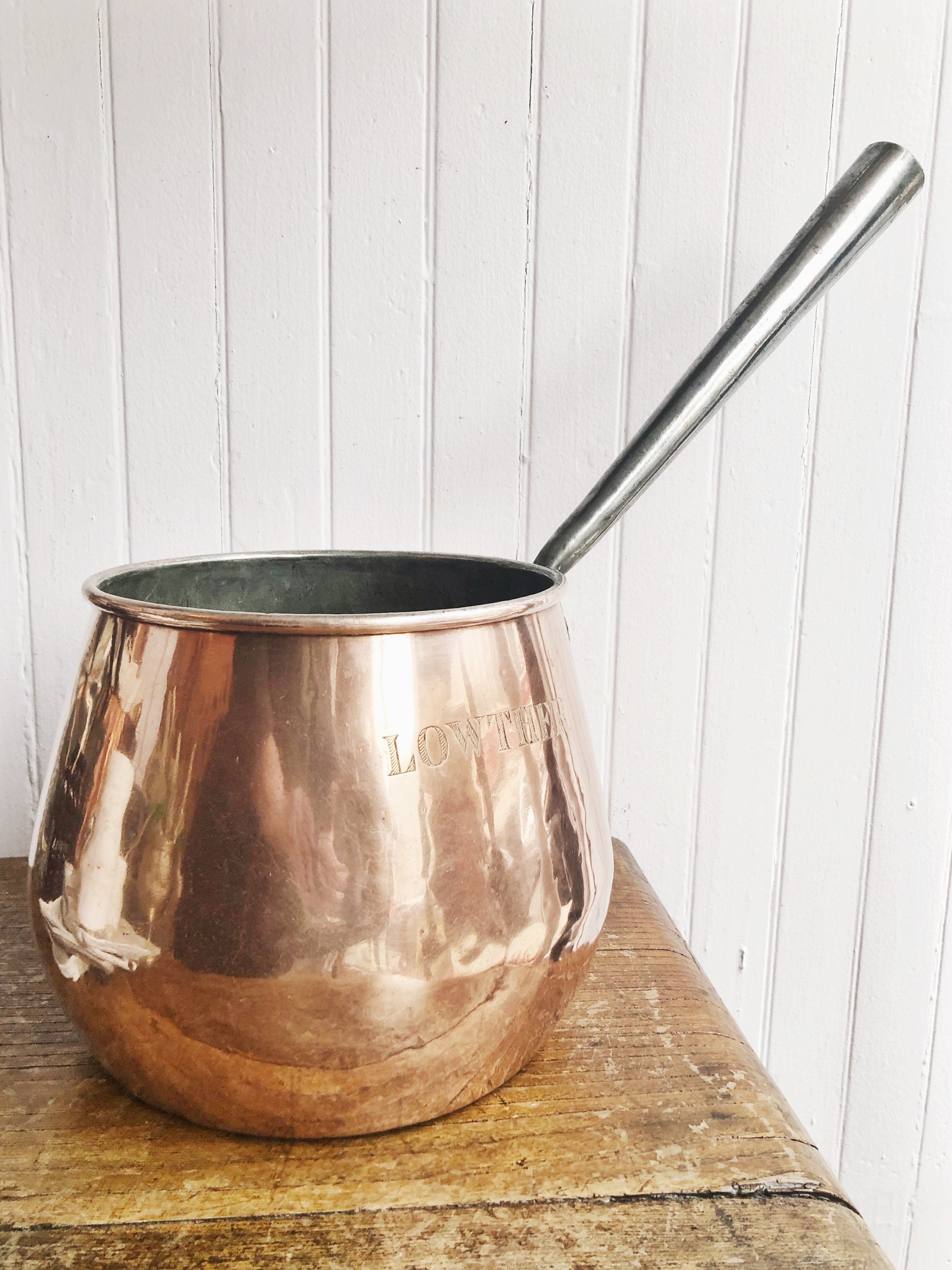 Antique 19th Century Handmade Solid Copper Pot w/Brass Handles Dovetail Seam