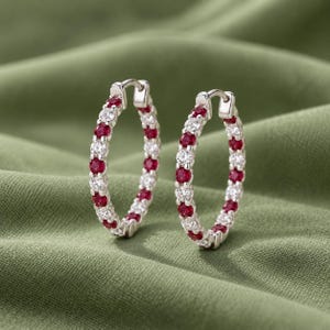 Orecchini a cerchio con rubino, in argento sterling 925, con rubino e diamanti, disponibili in argento o oro, regalo perfetto per chi è nato a luglio.
