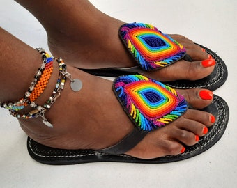 African Leather Sandals for Women - Gift for Women - Multi Color Sandals - Summer Sandals - Beaded Sandals