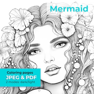 Mermaid | Coloring Page | Printable Adult Colouring Pages Book | Download Grayscale Illustration JPG, PDF