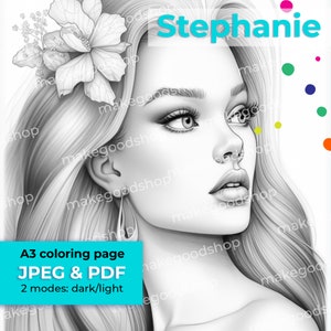 Stephanie | Coloring Page | Printable Adult Colouring Pages Book | Download Grayscale Illustration JPG, PDF