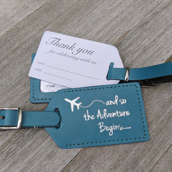 LUGGAGE TAGS | Caribbean Blue leather, and so the Adventure Begins, with a quote, for weddings, bridal/baby showers, silver imprint/buckles