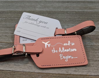WEDDING LUGGAGE TAGS | Coral leather, and so the Adventure Begins, for weddings, bridal or baby showers, silver imprint & buckles
