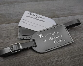 WEDDING LUGGAGE TAGS | (Security Flap Style) Tuxedo Gray leather, and so the Adventure Begins, for weddings, bridal/baby showers, Silver