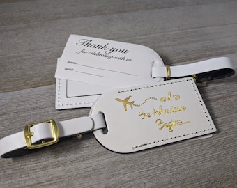 WEDDING LUGGAGE TAGS | (Security Flap Style) White leather, and so the Adventure Begins, for weddings, bridal/baby showers, Gold Imprint