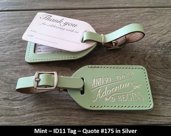 WEDDING LUGGAGE TAGS | Mint leather, style (id 11) and so the Adventure Begins in silver, our quote #175, with matching silver buckle