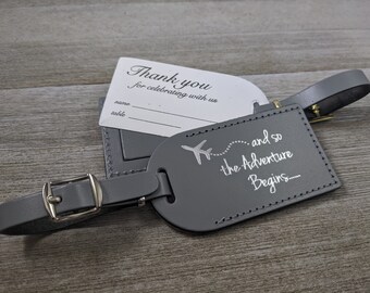 WEDDING LUGGAGE TAGS | (Security Flap Style) Gray leather, and so the Adventure Begins, for weddings, bridal/baby showers, Silver