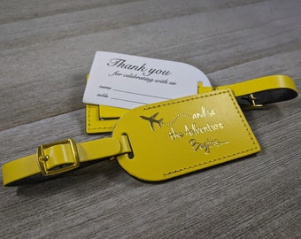 WEDDING LUGGAGE TAGS | (Security Flap Style) Yellow leather, and so the Adventure Begins, for weddings, bridal/baby showers, Gold Imprint