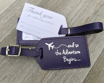 LUGGAGE TAGS | Purple leather, and so the Adventure Begins, for weddings, bridal or baby showers, silver imprint & buckles