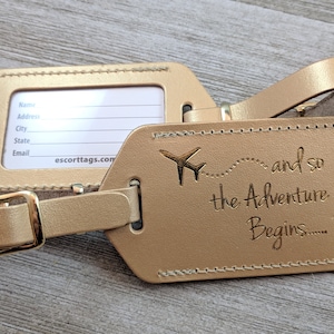 WEDDING LUGGAGE TAGS | Gold leather, and so the Adventure Begins, for weddings, bridal or baby showers, gold imprint & buckles