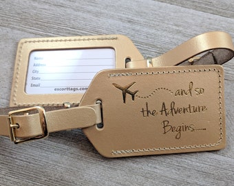 WEDDING LUGGAGE TAGS | Gold leather, and so the Adventure Begins, for weddings, bridal or baby showers, gold imprint & buckles