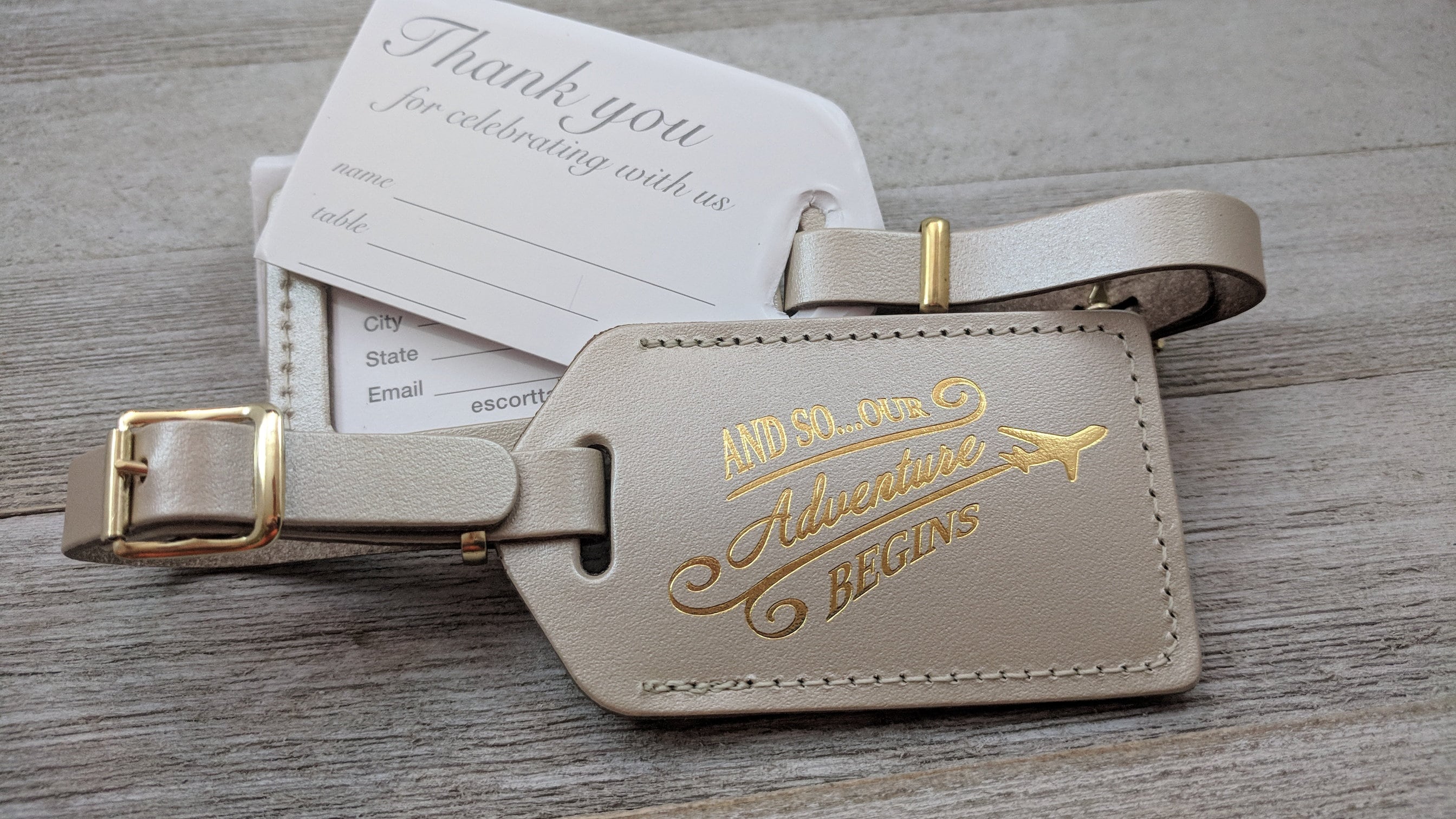in gold imprint & buckles Gold leather for weddings bridal or baby showers and so the Adventure Begins Bags & Purses Luggage & Travel Luggage Tags Luggage Tag Wedding Favor 