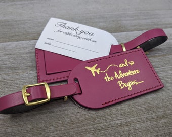 WEDDING LUGGAGE TAGS | (Security Flap Style) Magenta leather, and so the Adventure Begins, for weddings, bridal/baby showers, Gold Imprint