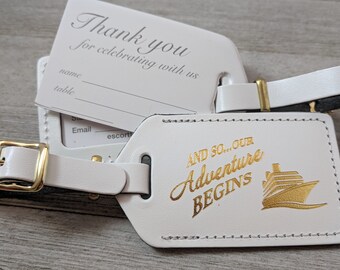 WEDDING LUGGAGE TAGS | White leather, and so our Adventure Begins, for weddings, bridal or baby showers, gold imprint & buckles