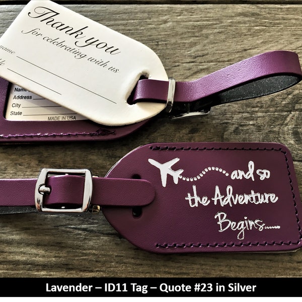 WEDDING LUGGAGE TAGS | Lavender leather, style (id 11) and so the Adventure Begins in silver, our quote #23, with matching silver buckle