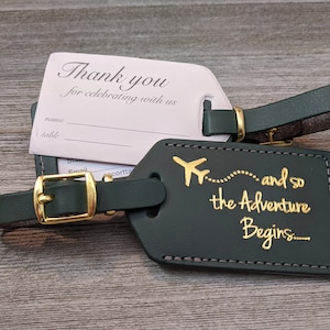 WEDDING LUGGAGE TAGS | Hunter Green leather, and so the Adventure Begins, for weddings, bridal or baby showers, gold imprint & buckles