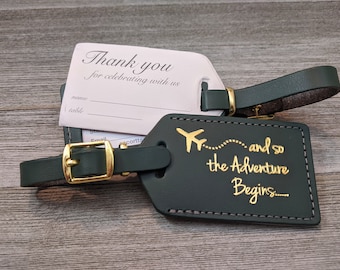 WEDDING LUGGAGE TAGS | Hunter Green leather, and so the Adventure Begins, for weddings, bridal or baby showers, gold imprint & buckles