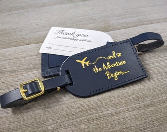 WEDDING LUGGAGE TAGS | (Security Flap Style) Navy leather, and so the Adventure Begins, for weddings, bridal/baby showers, Gold Imprint