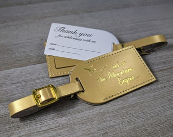 WEDDING LUGGAGE TAGS | (Security Flap Style) Gold leather, and so the Adventure Begins, for weddings, bridal/baby showers, Gold Imprint