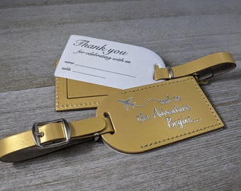 WEDDING LUGGAGE TAGS | (Security Flap Style) Gold leather, and so the Adventure Begins, for weddings, bridal/baby showers, Silver Imprint