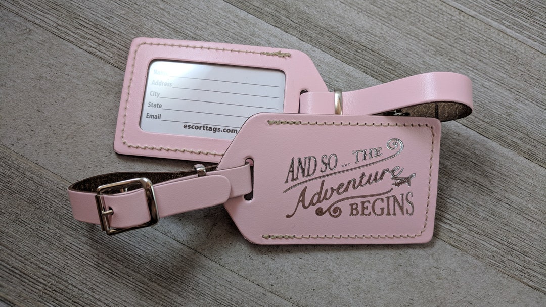 LUGGAGE TAGS Pink Leather, and so the Adventure Begins, for Weddings