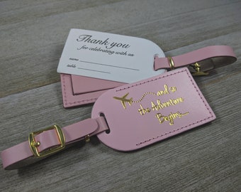 WEDDING LUGGAGE TAGS | (Security Flap Style) Pink leather, and so the Adventure Begins, for weddings, bridal/baby showers, Gold Imprint