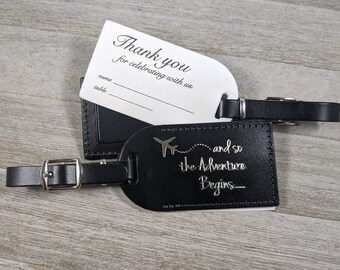 WEDDING LUGGAGE TAGS | (Security Flap Style) Black leather, and so the Adventure Begins, for weddings, bridal/baby showers, silver imprint