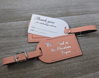 WEDDING LUGGAGE TAGS | (Security Flap Style) Coral leather, and so the Adventure Begins, for weddings, bridal/baby showers, Silver