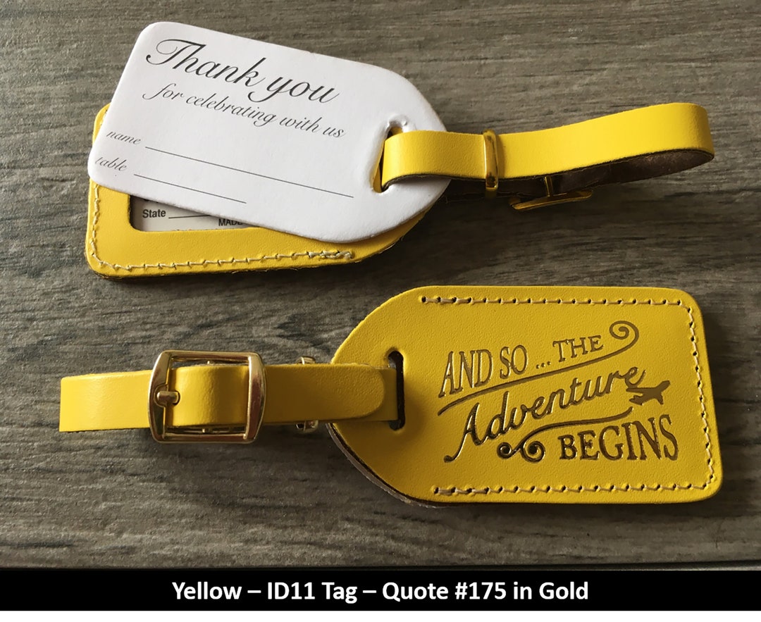 WEDDING LUGGAGE TAGS Yellow Leather, Style id 11 and so the Adventure