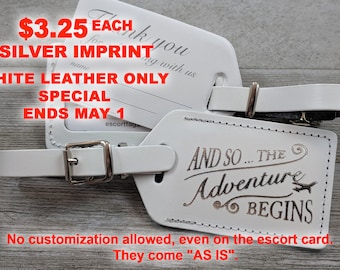 WEDDING LUGGAGE TAGS | White Leather Only, and so the Adventure Begins, for weddings, bridal or baby showers, silver imprint & buckles